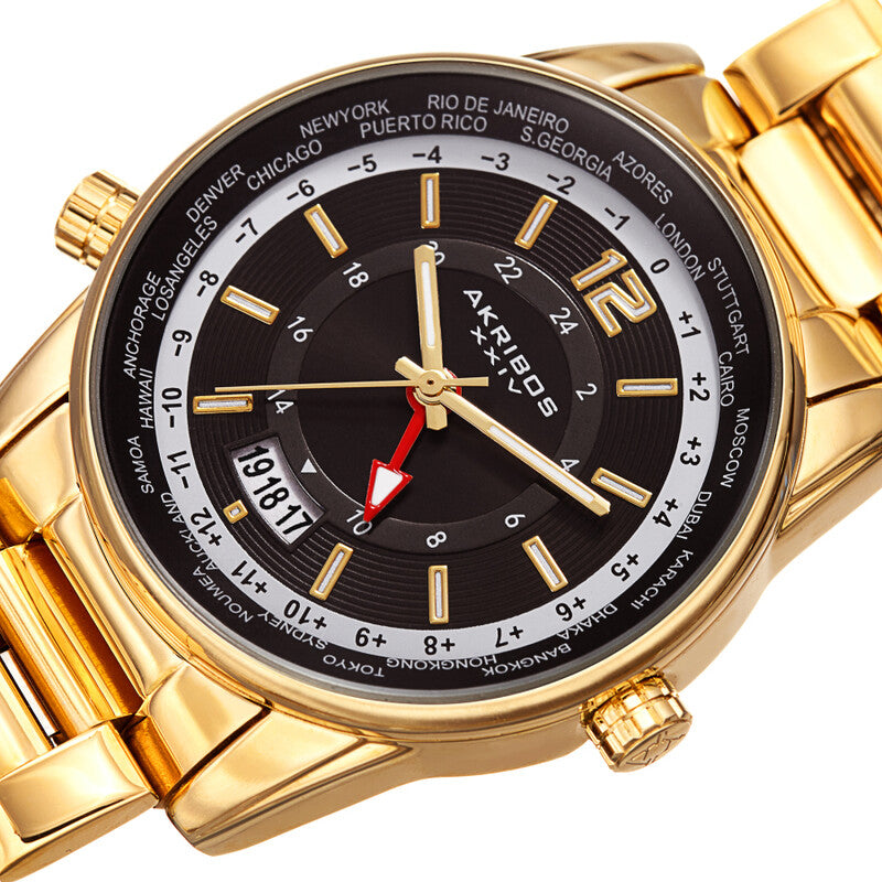 Akribos XXIV Gold Ion Plated Case on Gold Bracelet, Black Dial with Gold Tone Hands