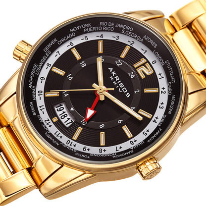 Akribos XXIV Gold Ion Plated Case on Gold Bracelet, Black Dial with Gold Tone Hands