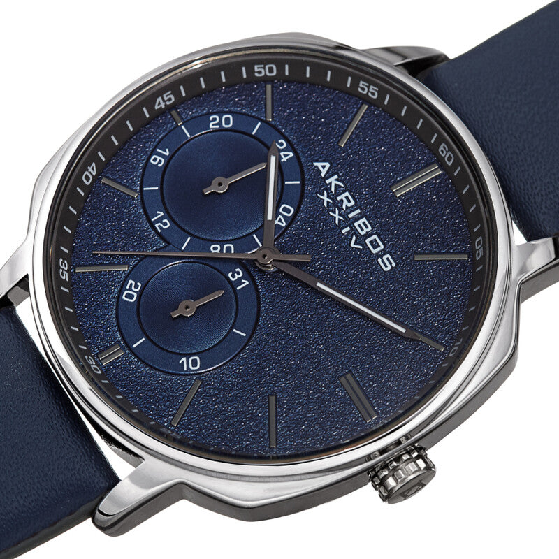 Akribos XXIV Silver Tone Case on Blue Strap, Blue Dial with Gunmetal Tone Hands