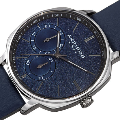 Akribos XXIV Silver Tone Case on Blue Strap, Blue Dial with Gunmetal Tone Hands