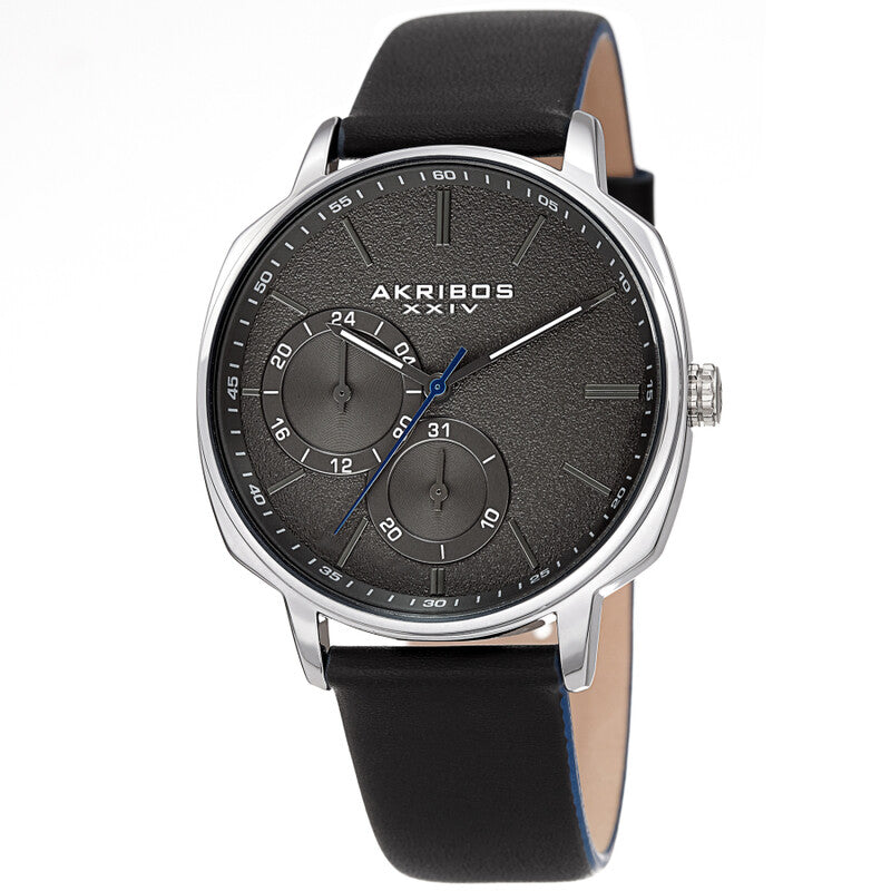 Akribos XXIV Silver Tone Case on Black Strap, Silver Dial with Gunmetal Tone Hands