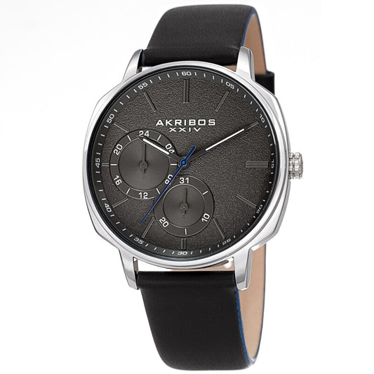 Akribos XXIV Silver Tone Case on Black Strap, Silver Dial with Gunmetal Tone Hands