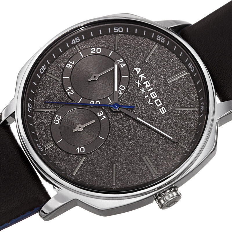 Akribos XXIV Silver Tone Case on Black Strap, Silver Dial with Gunmetal Tone Hands