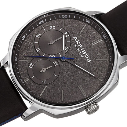 Akribos XXIV Silver Tone Case on Black Strap, Silver Dial with Gunmetal Tone Hands