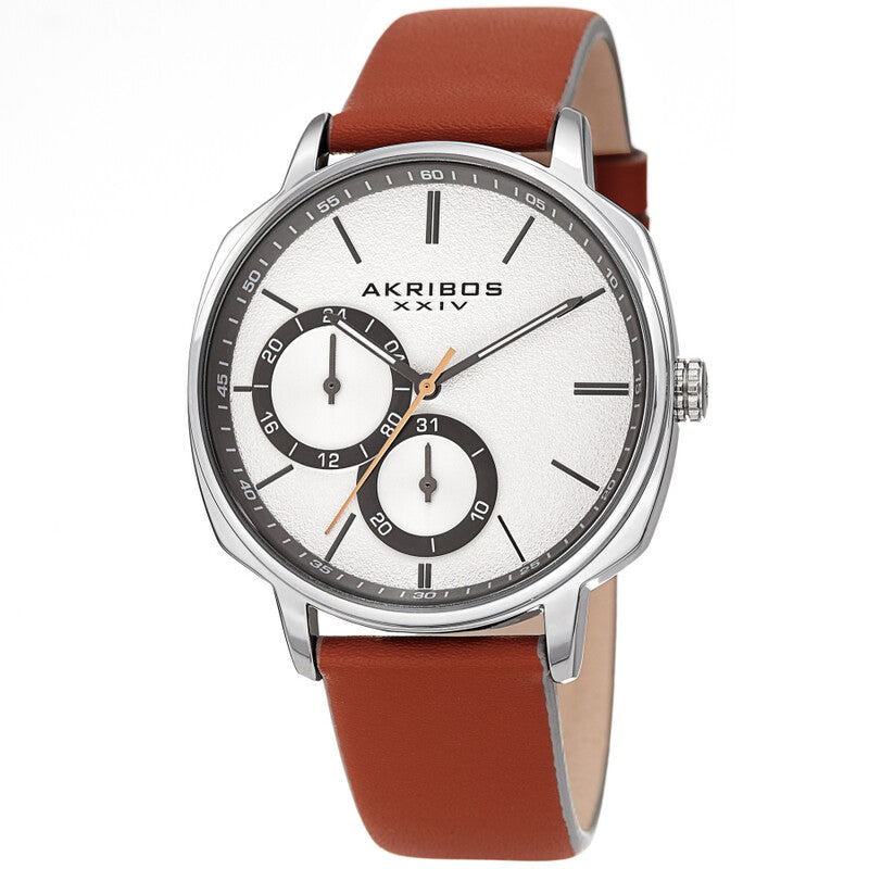 Akribos XXIV Silver Tone Case on Orange Strap, Silver Dial with Gunmetal Tone Hands