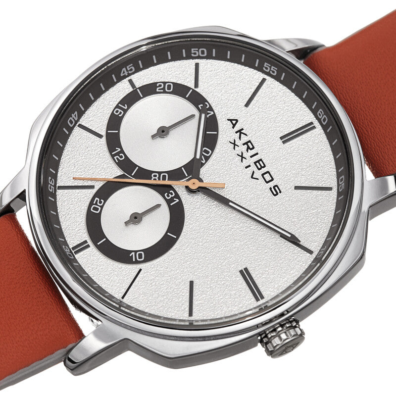 Akribos XXIV Silver Tone Case on Orange Strap, Silver Dial with Gunmetal Tone Hands