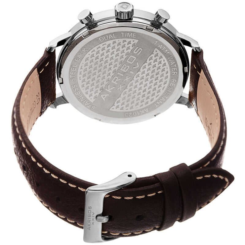 Akribos XXIV Silver Tone Case on Dark Brown Strap, Blue Dial with Silver Tone Hands