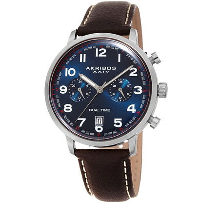 Akribos XXIV Silver Tone Case on Dark Brown Strap, Blue Dial with Silver Tone Hands