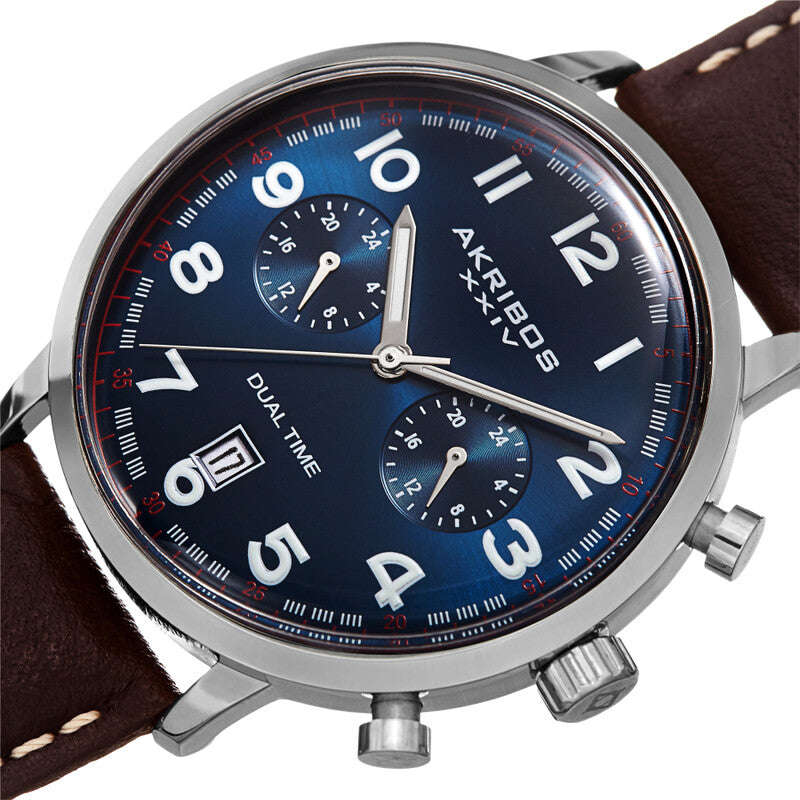 Akribos XXIV Silver Tone Case on Dark Brown Strap, Blue Dial with Silver Tone Hands
