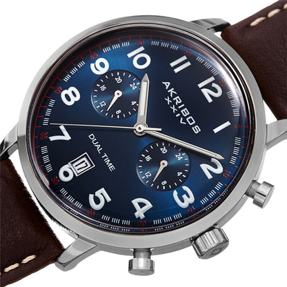 Akribos XXIV Silver Tone Case on Dark Brown Strap, Blue Dial with Silver Tone Hands