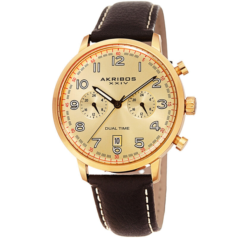 Akribos XXIV Gold Tone Case on Dark Brown Strap, Gold Dial with Brown Hands