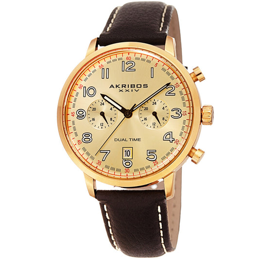 Akribos XXIV Gold Tone Case on Dark Brown Strap, Gold Dial with Brown Hands