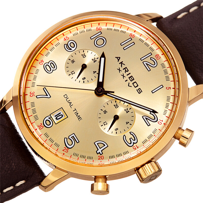 Akribos XXIV Gold Tone Case on Dark Brown Strap, Gold Dial with Brown Hands