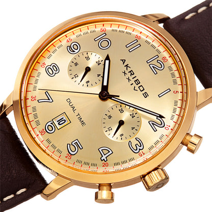 Akribos XXIV Gold Tone Case on Dark Brown Strap, Gold Dial with Brown Hands