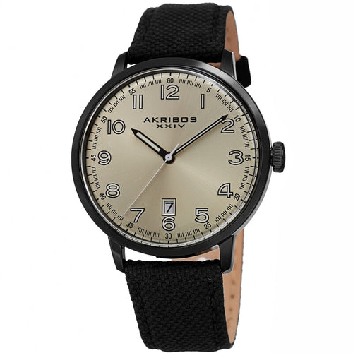 Akribos XXIV Black Tone Case on Black Canvas Leather Strap, with a Silver Dial and Black Hands