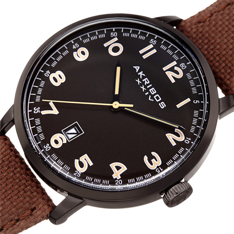 Akribos XXIV Black Tone Case on Brown Canvas Leather Strap, with a Brown Dial and Black Hands