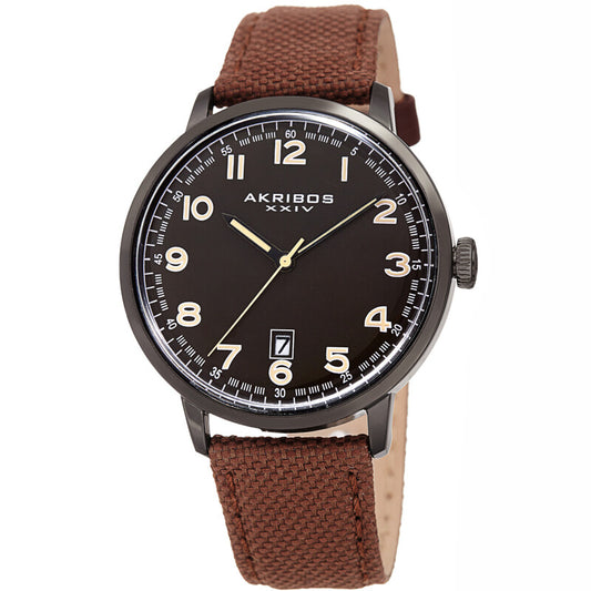Akribos XXIV Black Tone Case on Brown Canvas Leather Strap, with a Brown Dial and Black Hands