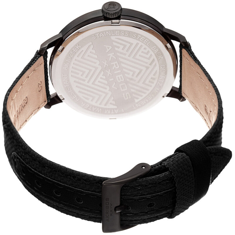 Akribos XXIV Black Tone Case on Black Canvas Leather Strap, with a Silver Dial and Black Hands