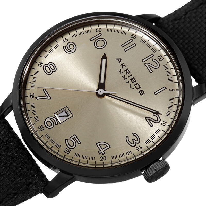 Akribos XXIV Black Tone Case on Black Canvas Leather Strap, with a Silver Dial and Black Hands