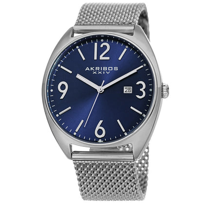 Akribos XXIV Silver Tone Case on Silver Tone Mesh Bracelet, Blue Dial with Silver Hands