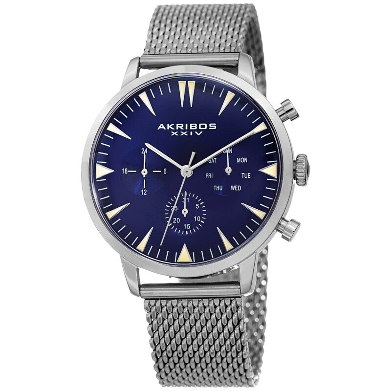 Akribos XXIV Silver Tone Case on Silver Tone Mesh Bracelet, Blue Dial with Silver Hands