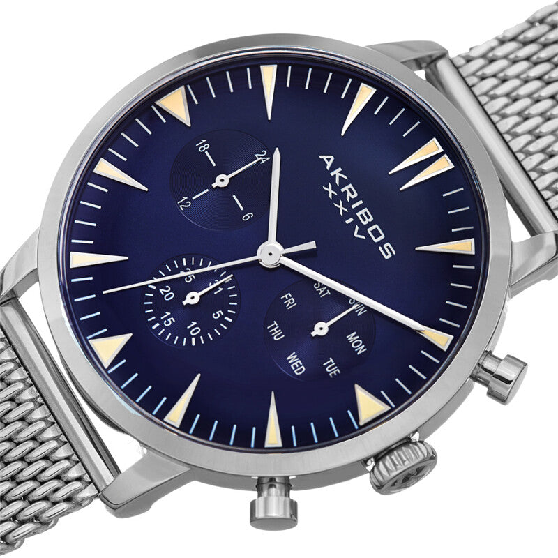 Akribos XXIV Silver Tone Case on Silver Tone Mesh Bracelet, Blue Dial with Silver Hands