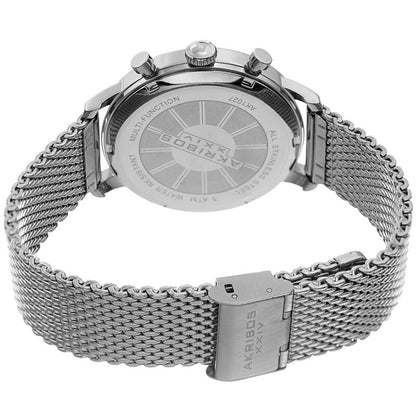 Akribos XXIV Silver Tone Case on Silver Tone Mesh Bracelet, Blue Dial with Silver Hands