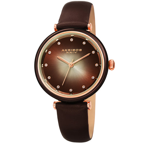 Akribos XXIV Ion Plated Rose Gold Tone Case Watch with Brown Bezel, Gradient Dial and Leather Strap, with Swarovski Crystal Markers