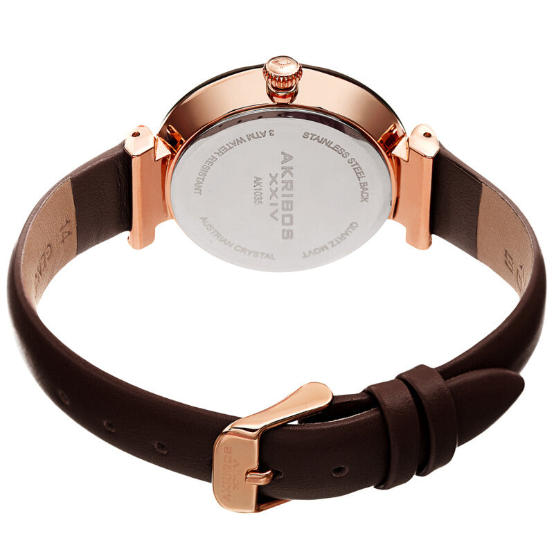Akribos XXIV Ion Plated Rose Gold Tone Case Watch with Brown Bezel, Gradient Dial and Leather Strap, with Swarovski Crystal Markers
