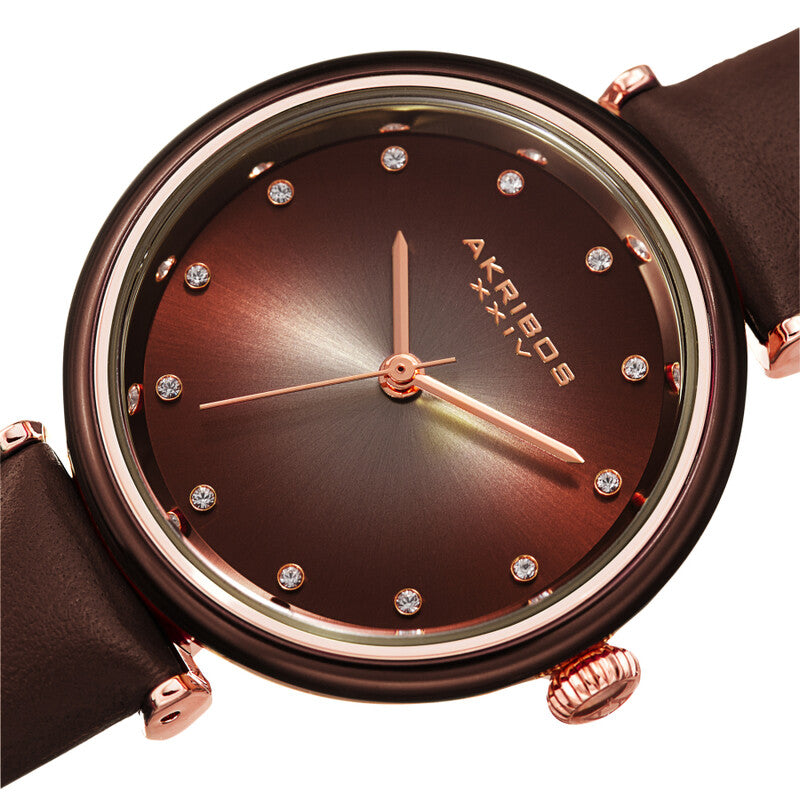 Akribos XXIV Ion Plated Rose Gold Tone Case Watch with Brown Bezel, Gradient Dial and Leather Strap, with Swarovski Crystal Markers