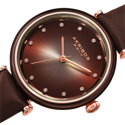 Akribos XXIV Ion Plated Rose Gold Tone Case Watch with Brown Bezel, Gradient Dial and Leather Strap, with Swarovski Crystal Markers