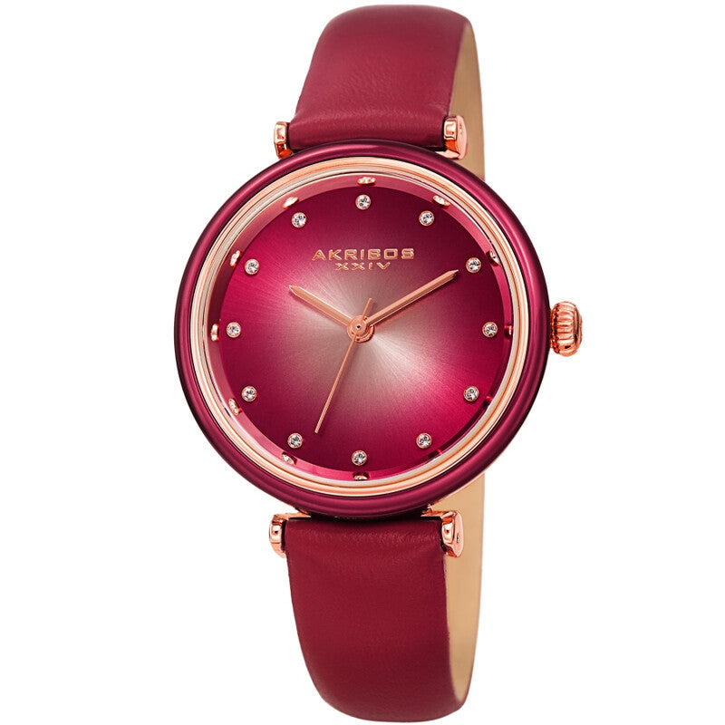 Akribos XXIV Ion Plated Gold Tone Case Watch with Green Bezel, Gradient Dial and Leather Strap, with Swarovski Crystal Markers