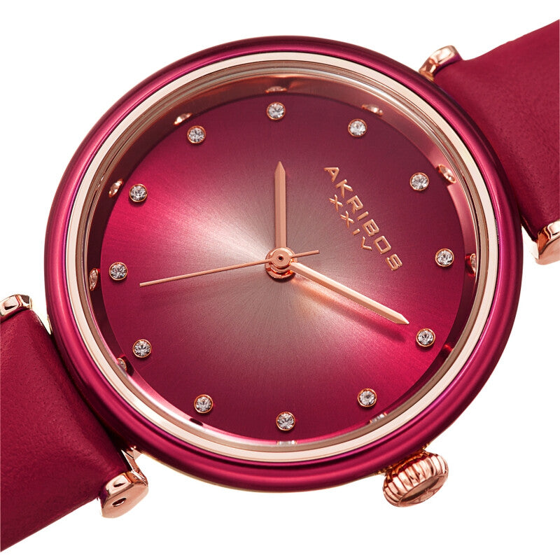 Akribos XXIV Ion Plated Gold Tone Case Watch with Green Bezel, Gradient Dial and Leather Strap, with Swarovski Crystal Markers
