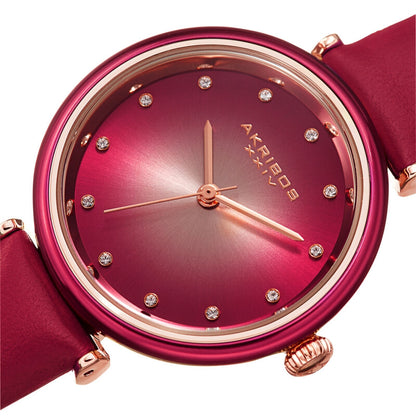 Akribos XXIV Ion Plated Gold Tone Case Watch with Green Bezel, Gradient Dial and Leather Strap, with Swarovski Crystal Markers
