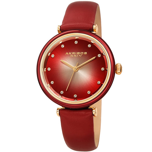 Akribos XXIV Ion Plated Gold Tone Case Watch with Red Bezel, Gradient Dial and Leather Strap, with Swarovski Crystal Markers