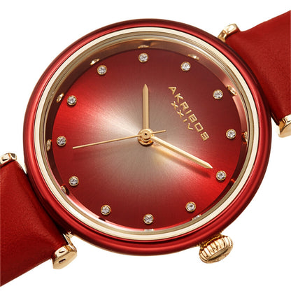 Akribos XXIV Ion Plated Gold Tone Case Watch with Red Bezel, Gradient Dial and Leather Strap, with Swarovski Crystal Markers