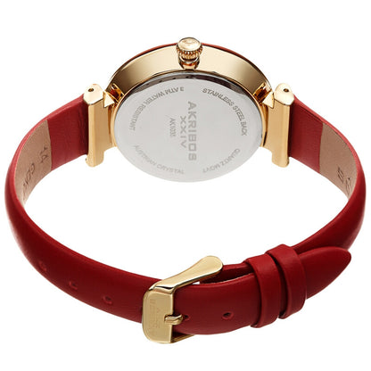 Akribos XXIV Ion Plated Gold Tone Case Watch with Red Bezel, Gradient Dial and Leather Strap, with Swarovski Crystal Markers