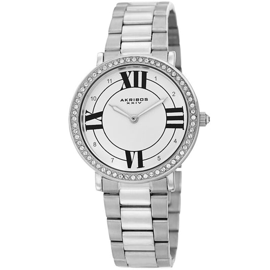 Akribos XXIV Ion Plated Silver Tone watch with Swarovski Studded Bezel, White Dial with Printed Markers, and Silver Tone Hands