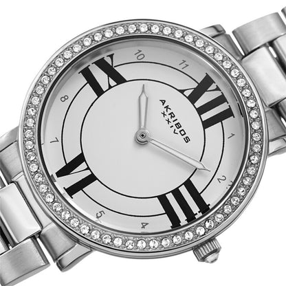 Akribos XXIV Ion Plated Silver Tone watch with Swarovski Studded Bezel, White Dial with Printed Markers, and Silver Tone Hands