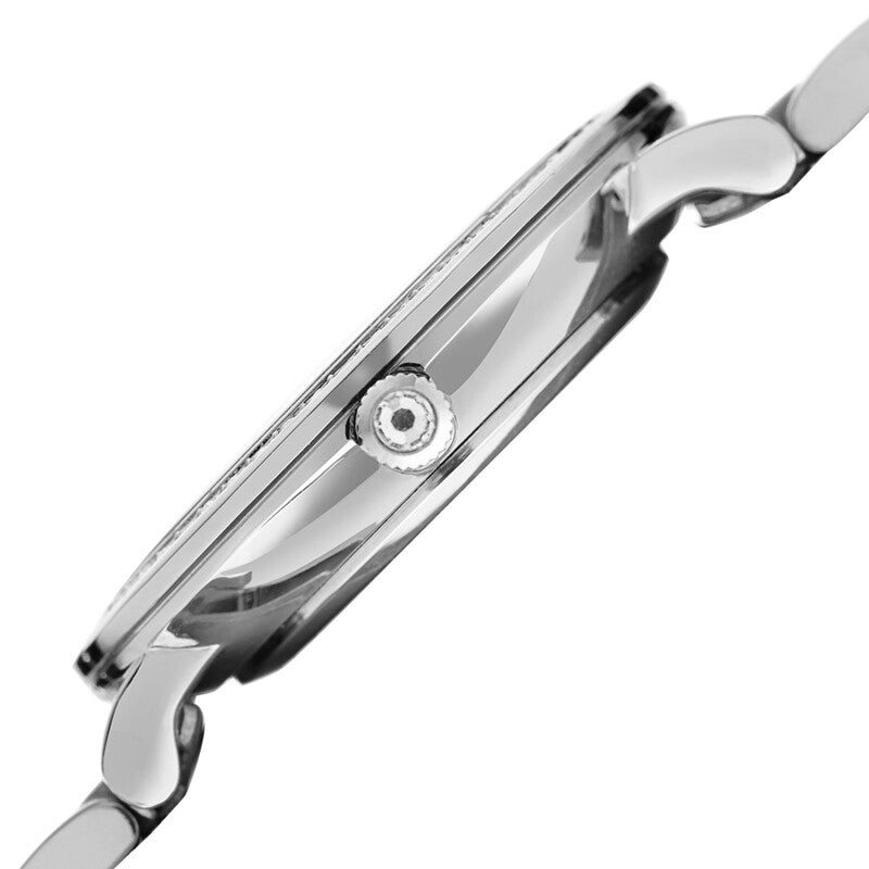 Akribos XXIV Ion Plated Silver Tone watch with Swarovski Studded Bezel, White Dial with Printed Markers, and Silver Tone Hands