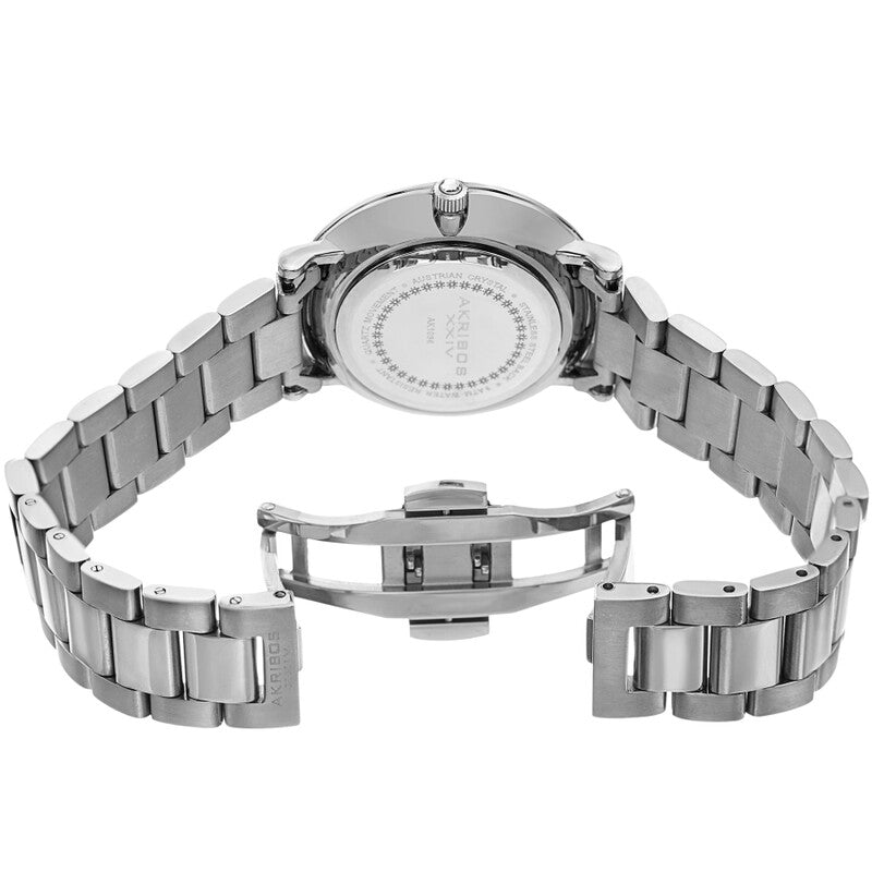 Akribos XXIV Ion Plated Silver Tone watch with Swarovski Studded Bezel, White Dial with Printed Markers, and Silver Tone Hands