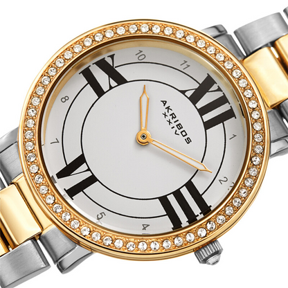 Akribos XXIV Ion Plated Two Tone Gold/Silver Tone watch with Swarovski Studded Bezel, White Dial with Printed Markers, and Gold Tone Hands