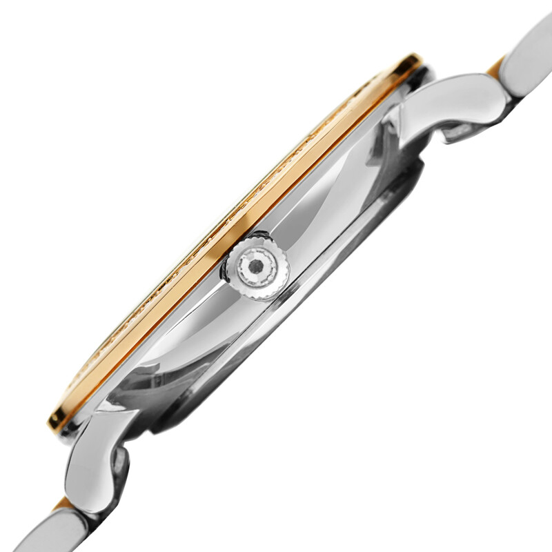 Akribos XXIV Ion Plated Two Tone Gold/Silver Tone watch with Swarovski Studded Bezel, White Dial with Printed Markers, and Gold Tone Hands