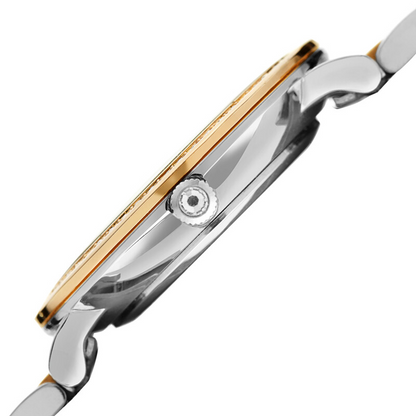 Akribos XXIV Ion Plated Two Tone Gold/Silver Tone watch with Swarovski Studded Bezel, White Dial with Printed Markers, and Gold Tone Hands