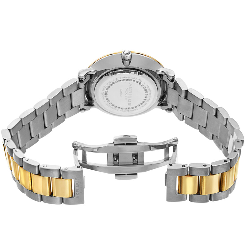 Akribos XXIV Ion Plated Two Tone Gold/Silver Tone watch with Swarovski Studded Bezel, White Dial with Printed Markers, and Gold Tone Hands