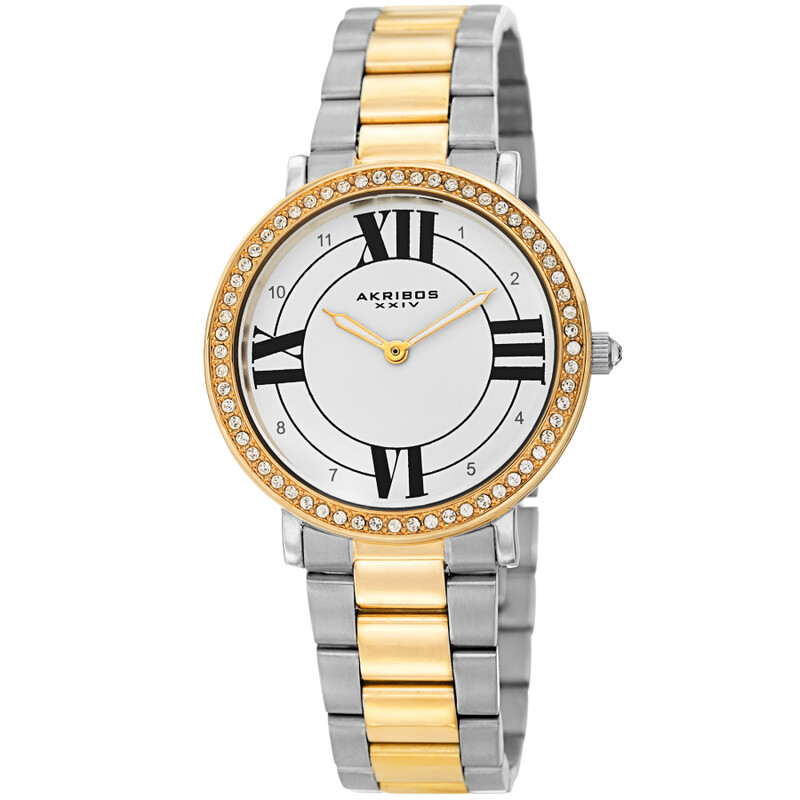 Akribos XXIV Ion Plated Two Tone Gold/Silver Tone watch with Swarovski Studded Bezel, White Dial with Printed Markers, and Gold Tone Hands