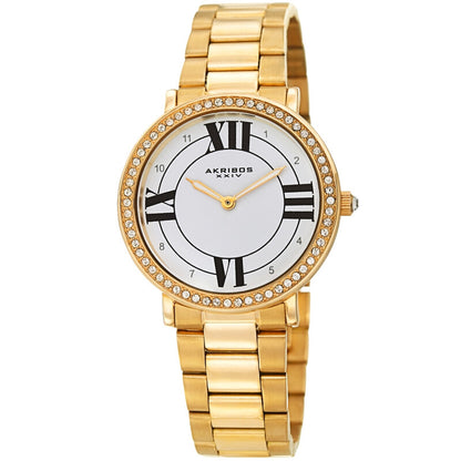 Akribos XXIV Ion Plated Gold Tone watch with Swarovski Studded Bezel, White Dial with Printed Markers, and Gold Tone Hands