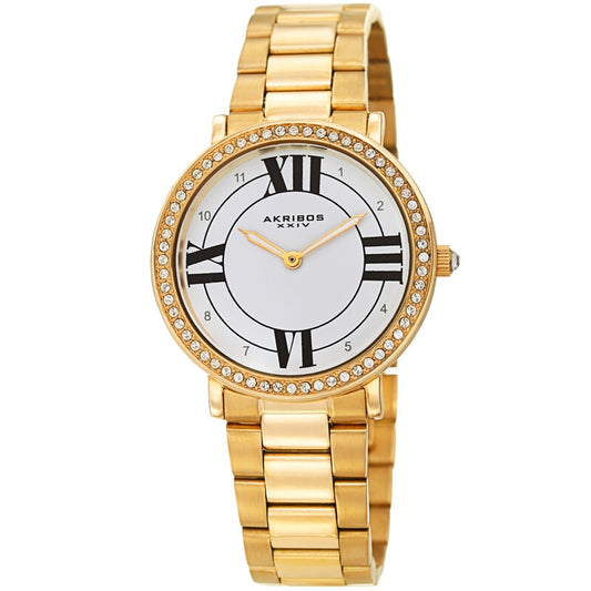 Akribos XXIV Ion Plated Gold Tone watch with Swarovski Studded Bezel, White Dial with Printed Markers, and Gold Tone Hands