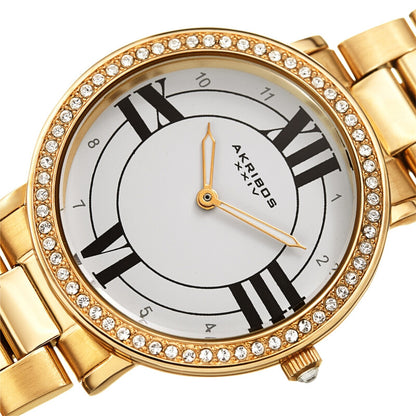 Akribos XXIV Ion Plated Gold Tone watch with Swarovski Studded Bezel, White Dial with Printed Markers, and Gold Tone Hands