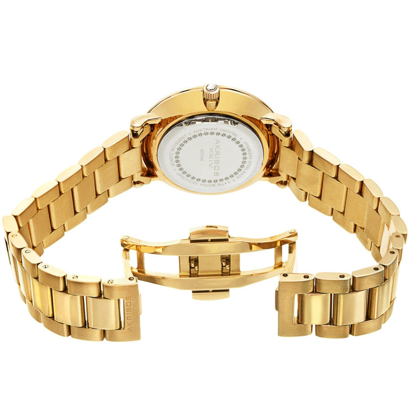 Akribos XXIV Ion Plated Gold Tone watch with Swarovski Studded Bezel, White Dial with Printed Markers, and Gold Tone Hands